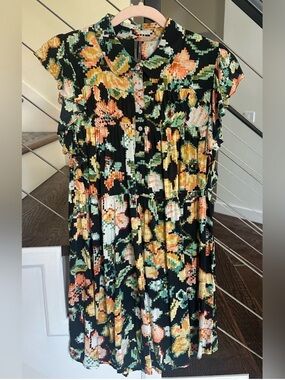 Anthropologie Black Floral Pixel-Print Mini Dress Flutter Sleeves | Size: Small